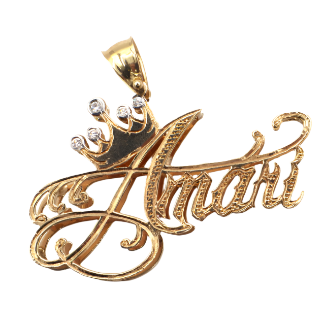 Style 'Amani' with Crown Double Name Plate Charm-Diamond Cut 10K Yellow Gold -Diamond Cut 10K White Gold | STF DIAMONDS JEWELRY