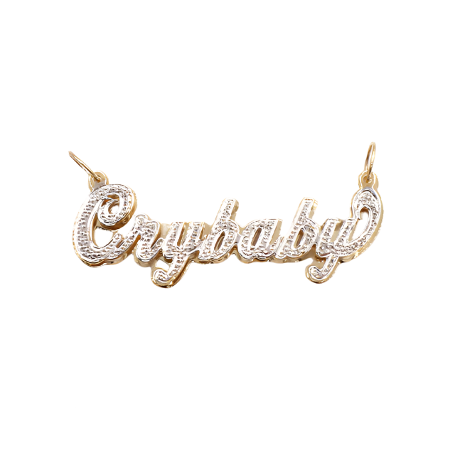 Style 'Crybaby' Double Name Plate Charm-10K Yellow Gold -Diamond Cut 10K White Gold | STF DIAMONDS JEWELRY