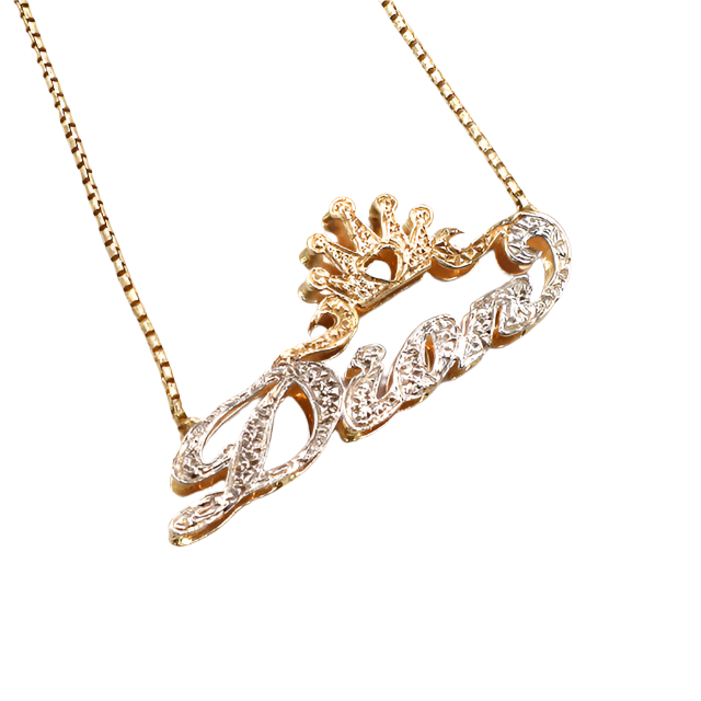 Style 'Dion' with Crown Double Name Plate Charm-10K Yellow Gold -Diamond Cut 10K White Gold | STF DIAMONDS JEWELRY