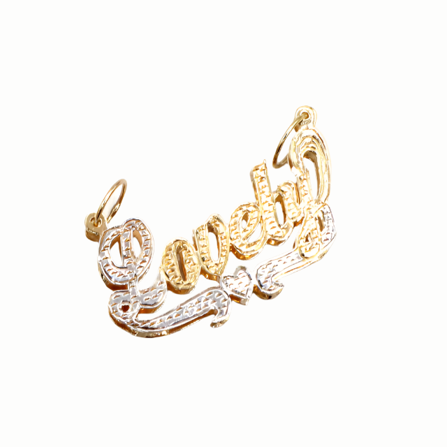 Style 'Lovely' with Heart Double Name Plate Charm-Diamond Cut 10K Yellow Gold -10K White Gold | STF DIAMONDS JEWELRY
