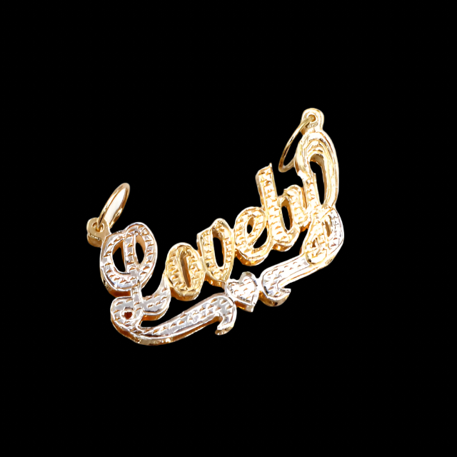 Style 'Lovely' with Heart Double Name Plate Charm-Diamond Cut 10K Yellow Gold -10K White Gold | STF DIAMONDS JEWELRY