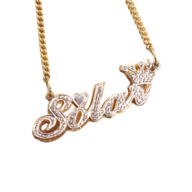 Style 'Solar' with Crown Double Name Plate Charm-10K Yellow Gold -Diamond Cut 10K White Gold | STF DIAMONDS JEWELRY