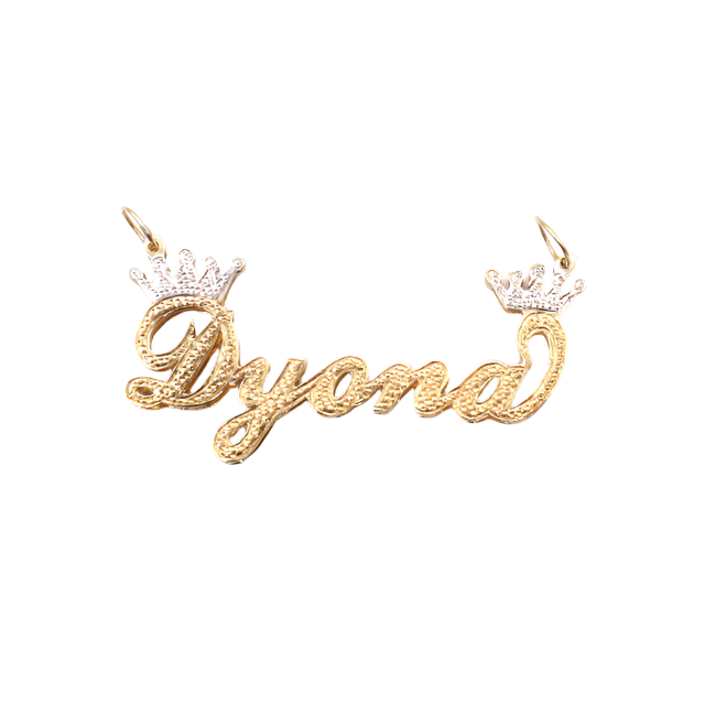 Style 'Dyana' with Tiny Crown Double Name Plate Charm-Diamond Cut 10K Yellow Gold -Diamond Cut 10K White Gold | STF DIAMONDS JEWELRY