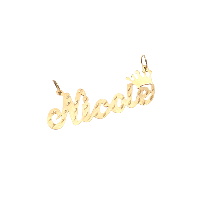 Style 'Nicole' with Crown Single Name Plate Charm-Diamond Cut 10K Yellow Gold | STF DIAMONDS JEWELRY