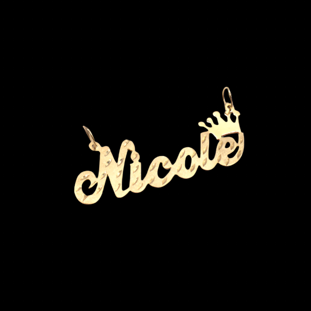Style 'Nicole' with Crown Single Name Plate Charm-Diamond Cut 10K Yellow Gold | STF DIAMONDS JEWELRY