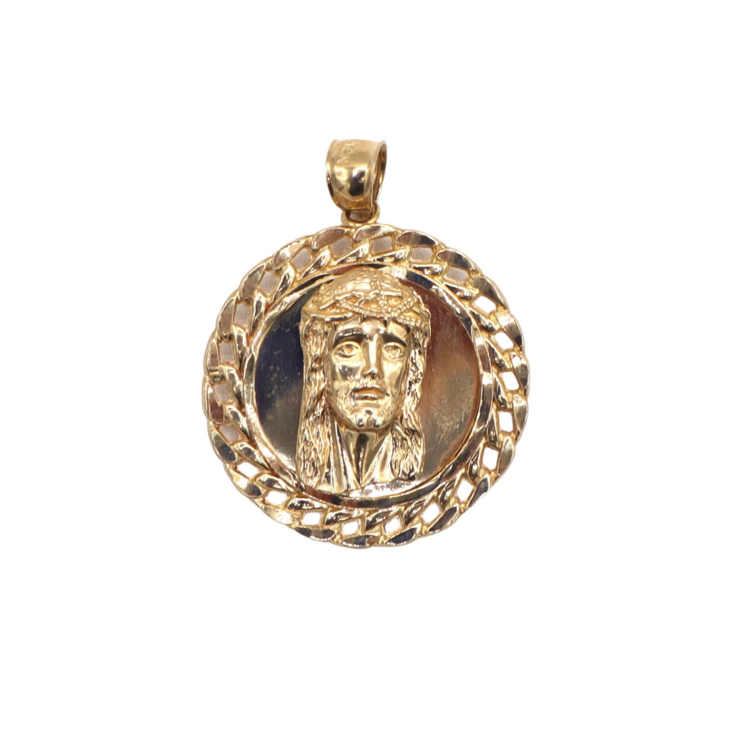 Jesus Face with Miami Cuban Round Frame LOVE CHRIST Round Charm Pendant | 10K Yellow Gold | STF DIAMONDS JEWELRY