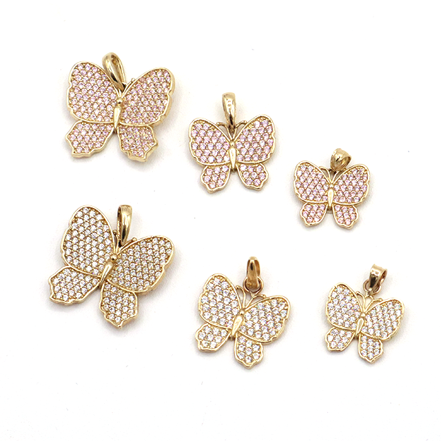 Butter Fly Charm Pendant 10K Real Yellow Gold with Clear and Pink Cubic Zirconia- STF DIAMONDS