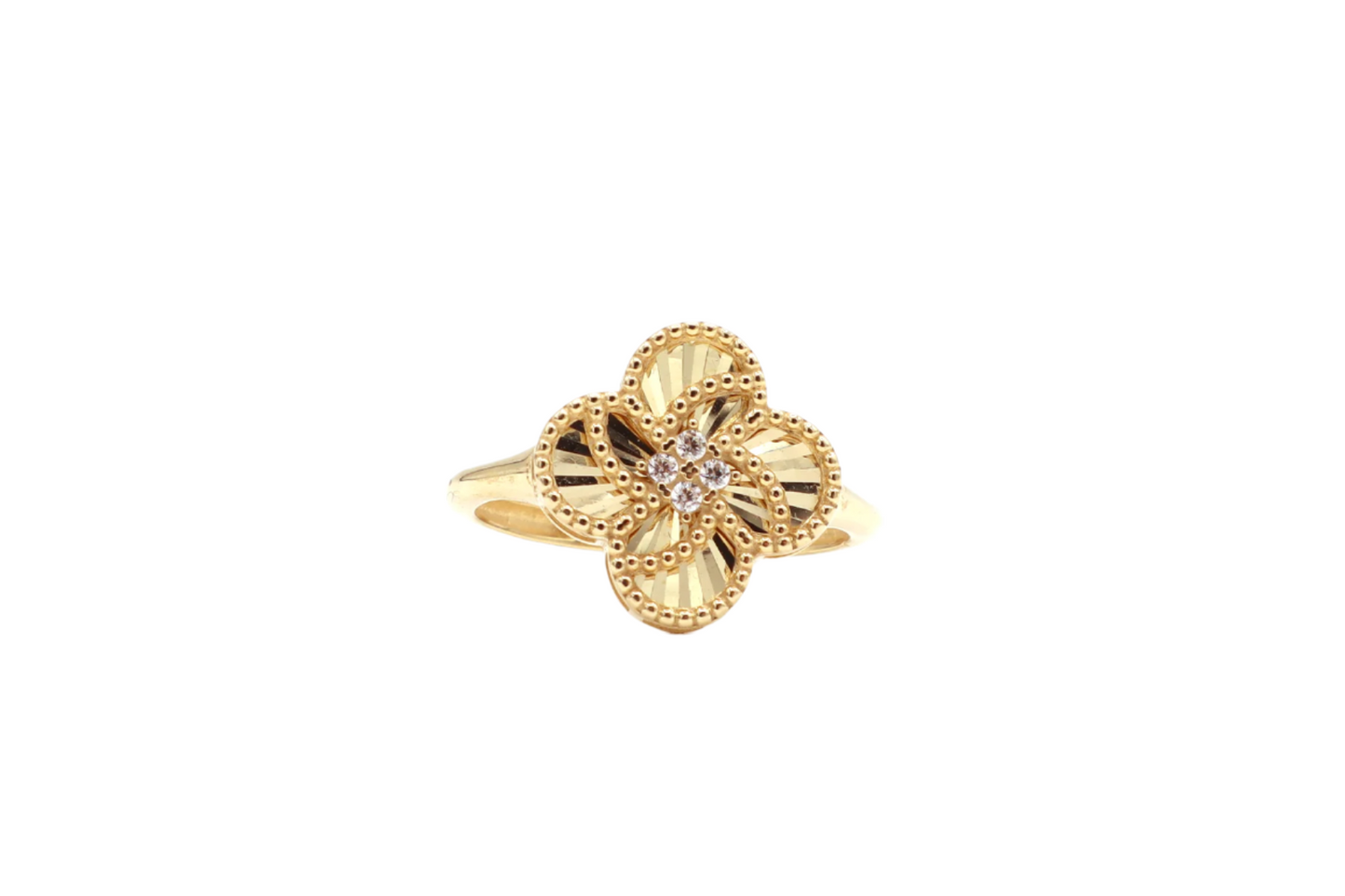 Four Leaf Clover Ring with CZ Cubic Zirconia Stones 10K Real Yellow Gold - STF DIAMONDS