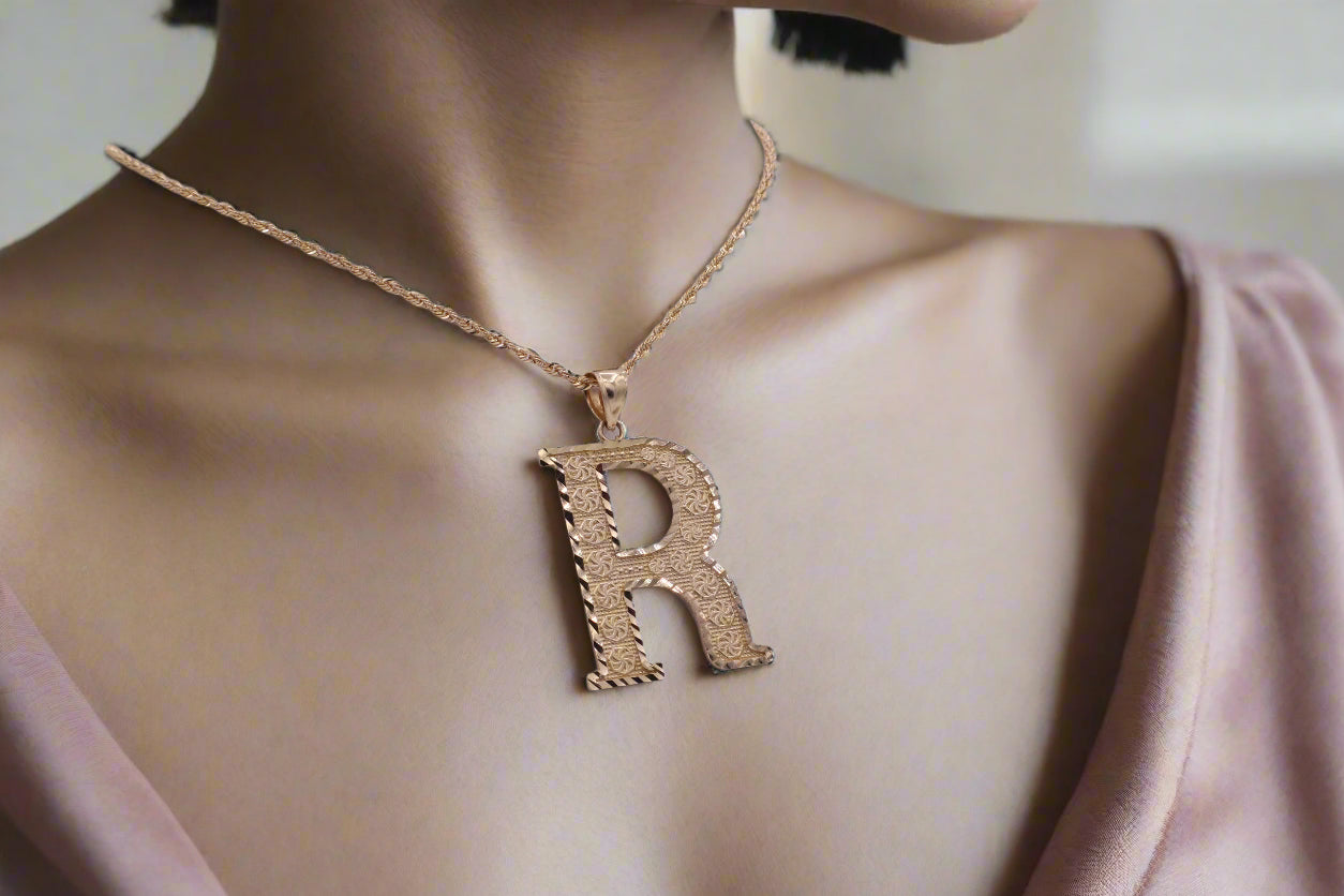 Italian Elegant Pattern Initial Charms-Solid 10K Yellow Gold|STF DIAMONDS JEWELRY