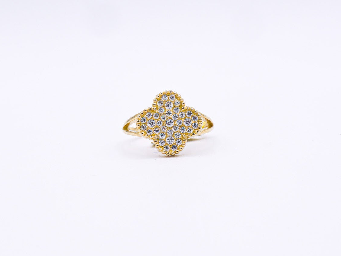 Four Leaf Lucky Clover CZ Women's Ring -10K yellow Gold-CZ Cubic Zirconia Pink White | STF DIAMONDS JEWELRY