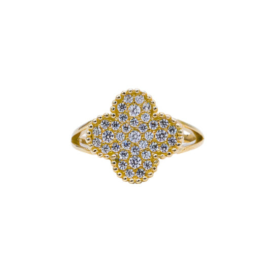Four Leaf Lucky Clover CZ Women's Ring -10K yellow Gold-CZ Cubic Zirconia Pink White | STF DIAMONDS JEWELRY