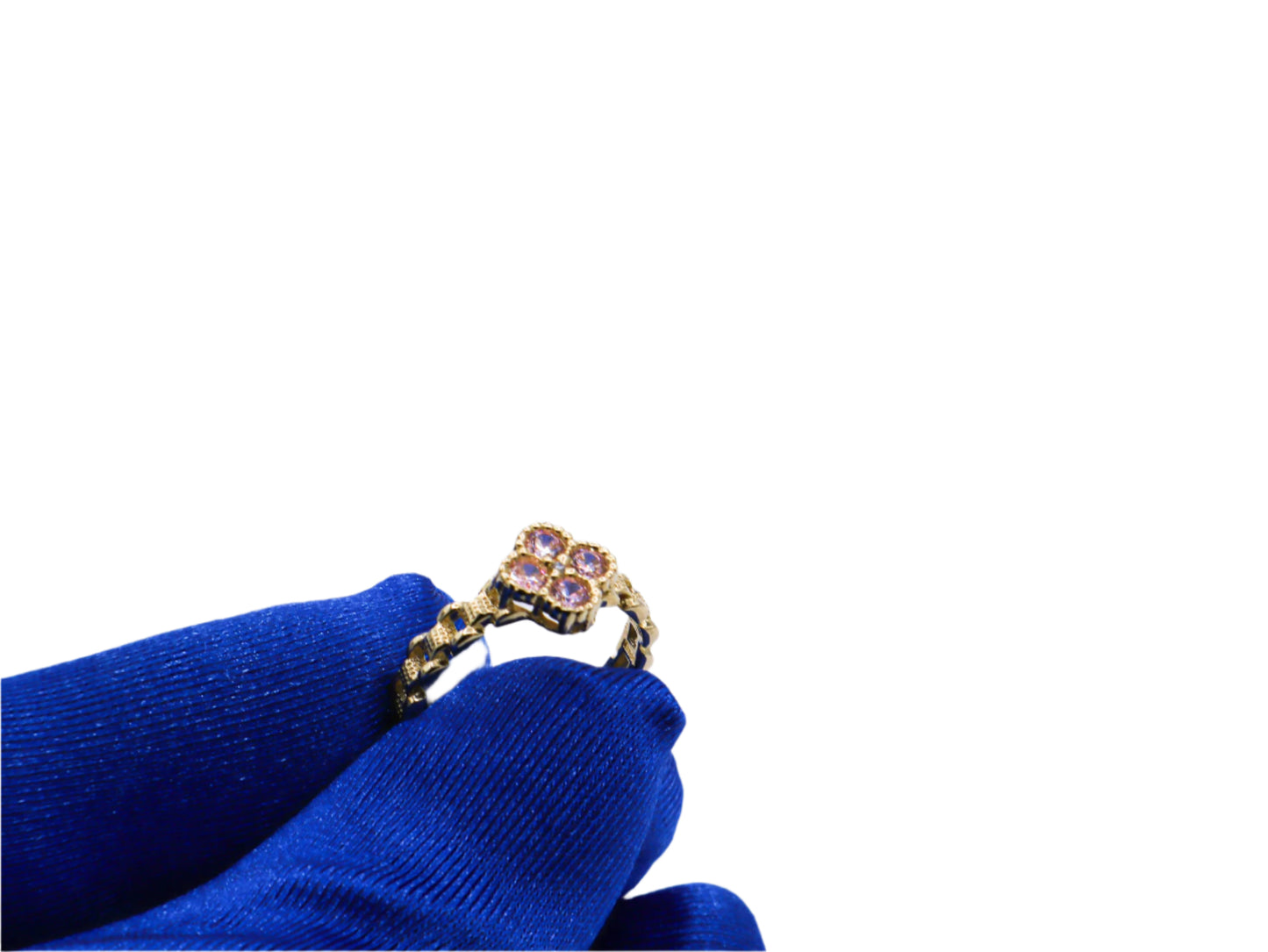 Pink Four Leaf Clover Ring Rolly Band 10K Yellow Gold - STF DIAMONDS