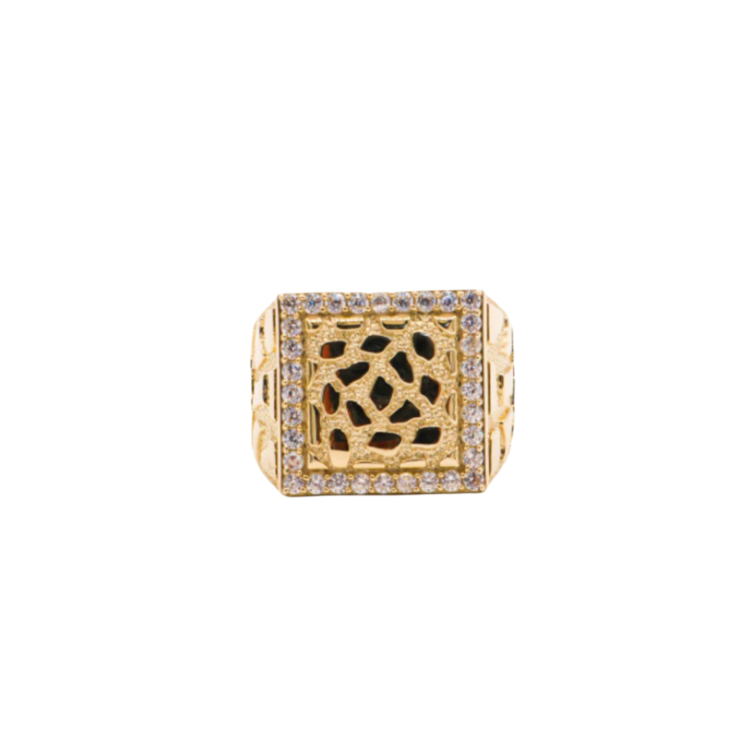 Square Gold nugget Ring 10K Solid Yellow Gold Cubic Zirconia Diamonds- STF DIAMONDS