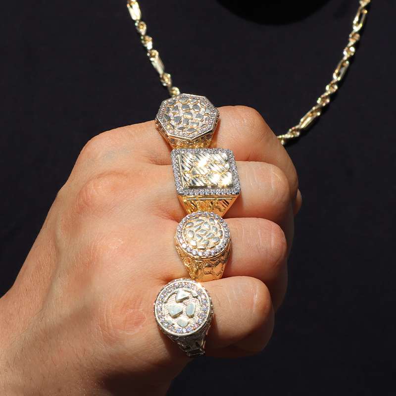 Square Gold nugget Ring 10K Solid Yellow Gold Cubic Zirconia Diamonds- STF DIAMONDS