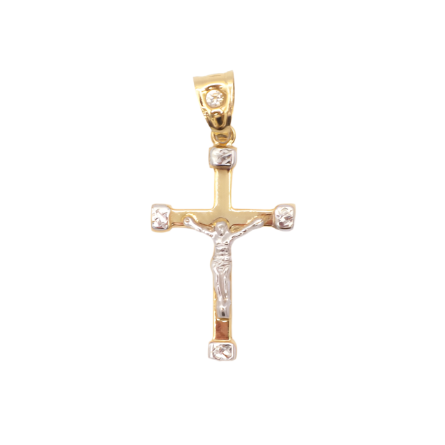 14K Pure Yellow Gold The Cross In the name of Jesus Christ White Gold Diamond Cut Charm - STF DIAMONDS