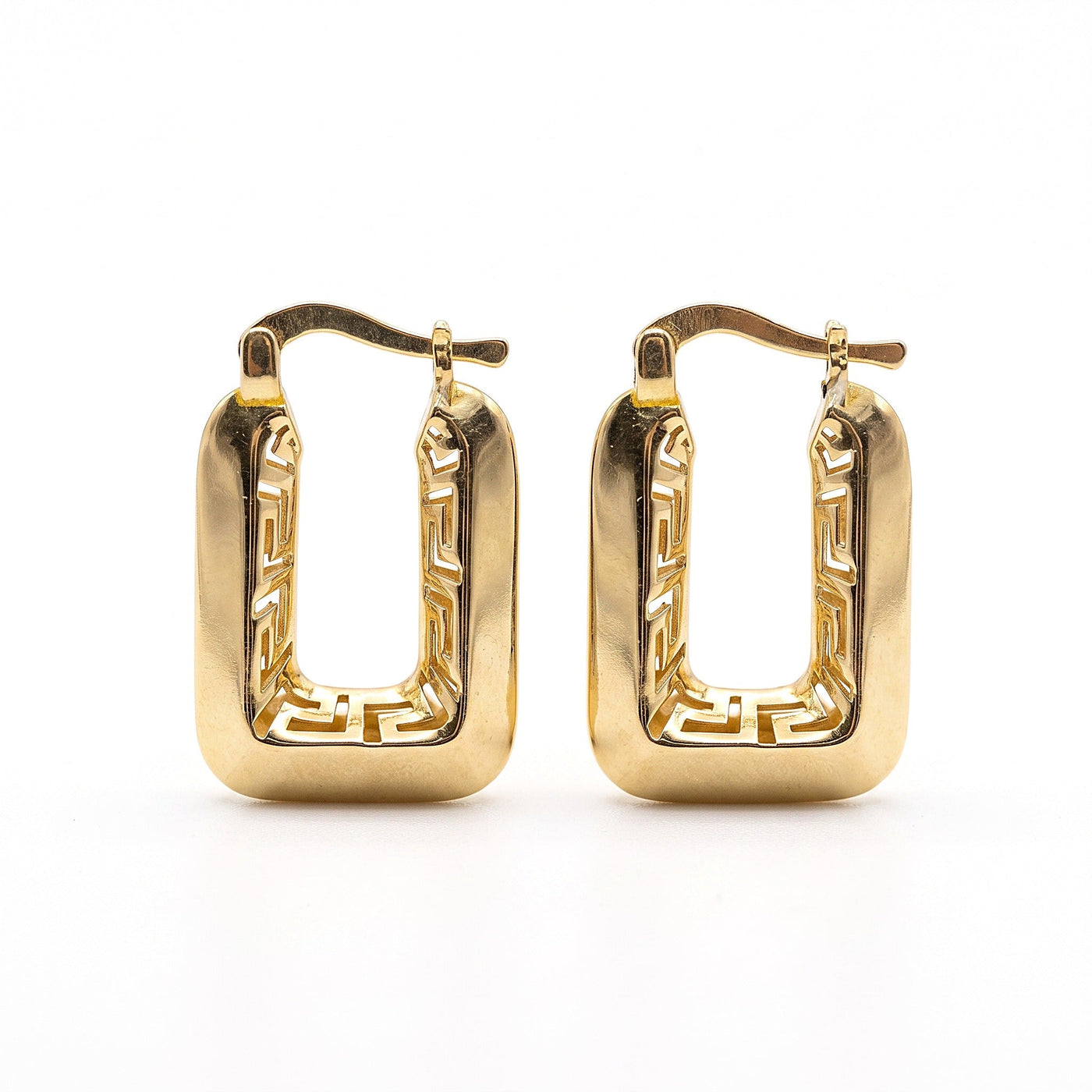 10K Solid Yellow Gold Athena — Greek Key Square Hoop Earrings