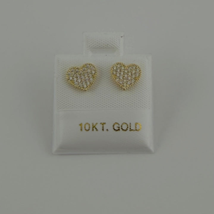 10K Yellow Gold Mini White Bead Heart CZ Earrings