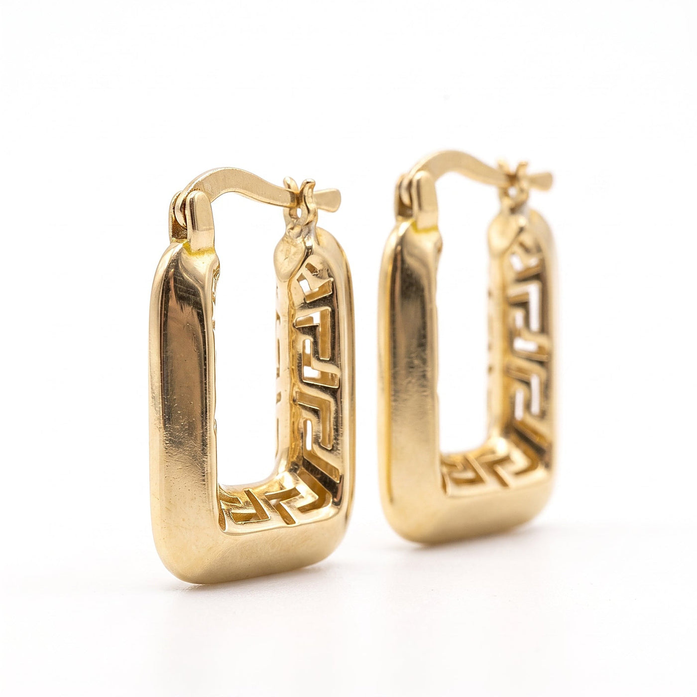 10K Solid Yellow Gold Athena — Greek Key Square Hoop Earrings