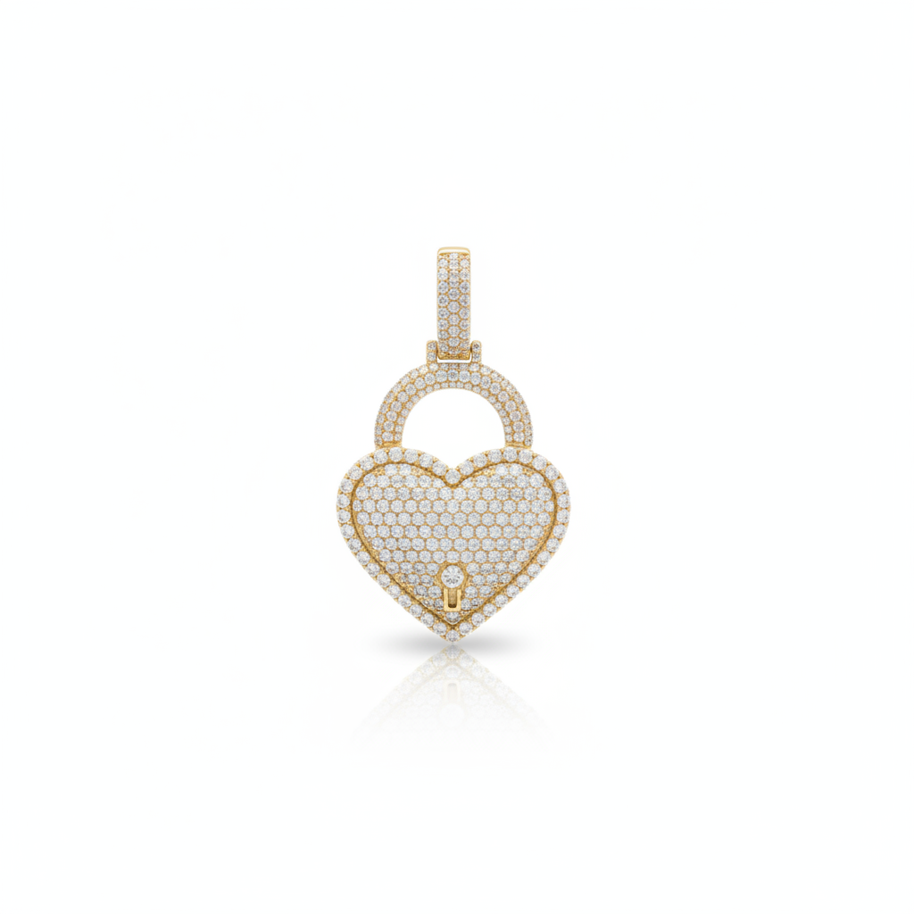 Large Diamond Heart Lock Pendant in 10K Yellow Gold