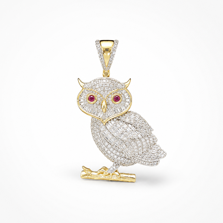 Diamond Owl on Branch Pendant in 10K Yellow Gold