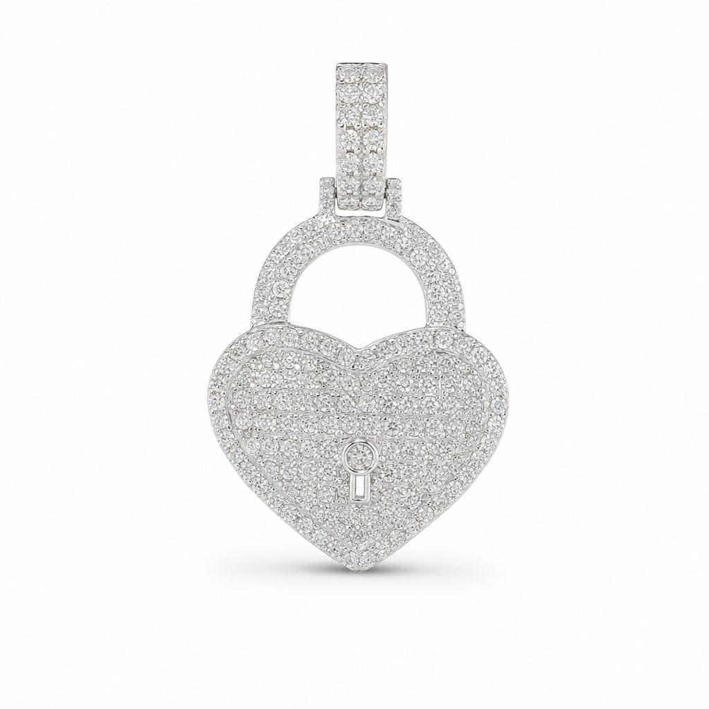 Small Diamond Heart Lock Pendant in 10K White Gold