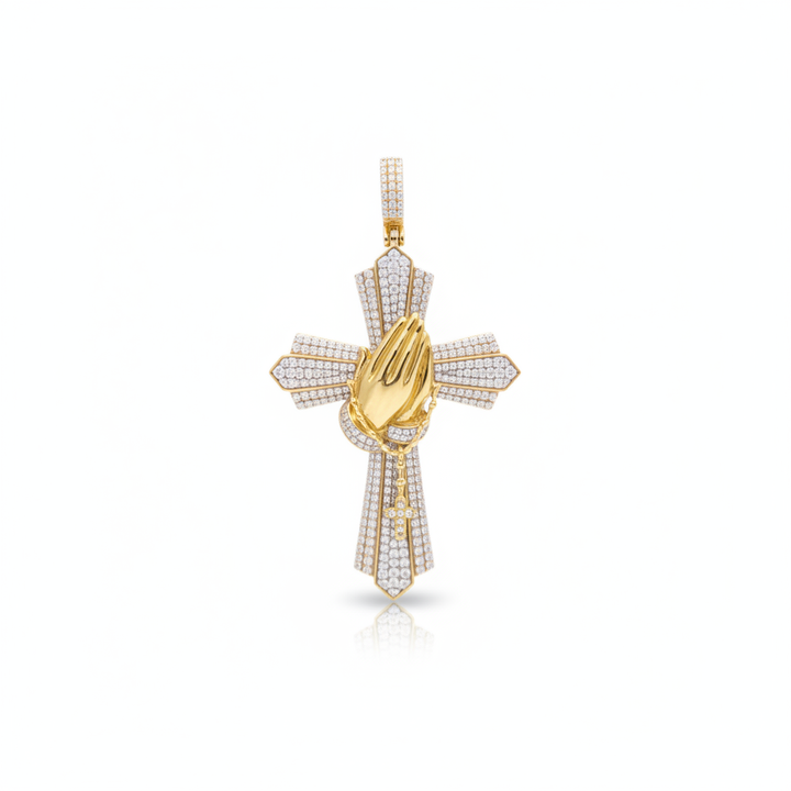 Diamond Praying Hands Cross Pendant in 10K Yellow Gold