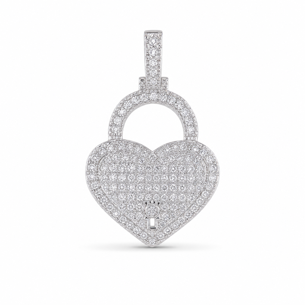 Large Diamond Heart Lock Pendant in 10K White Gold