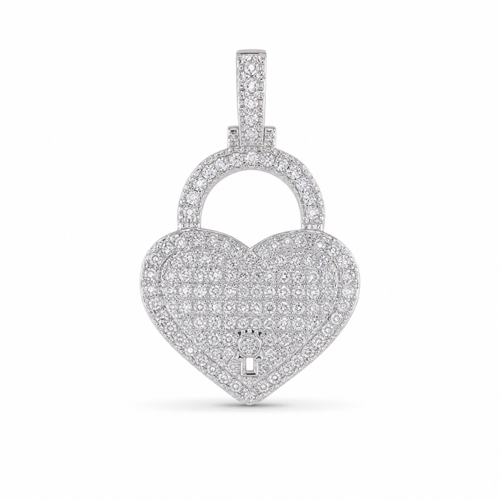 Large Diamond Heart Lock Pendant in 10K White Gold