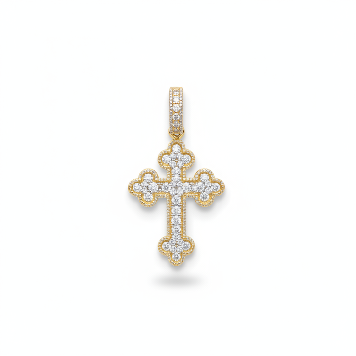Diamond Fleur Cross Pendant in 10K Yellow Gold