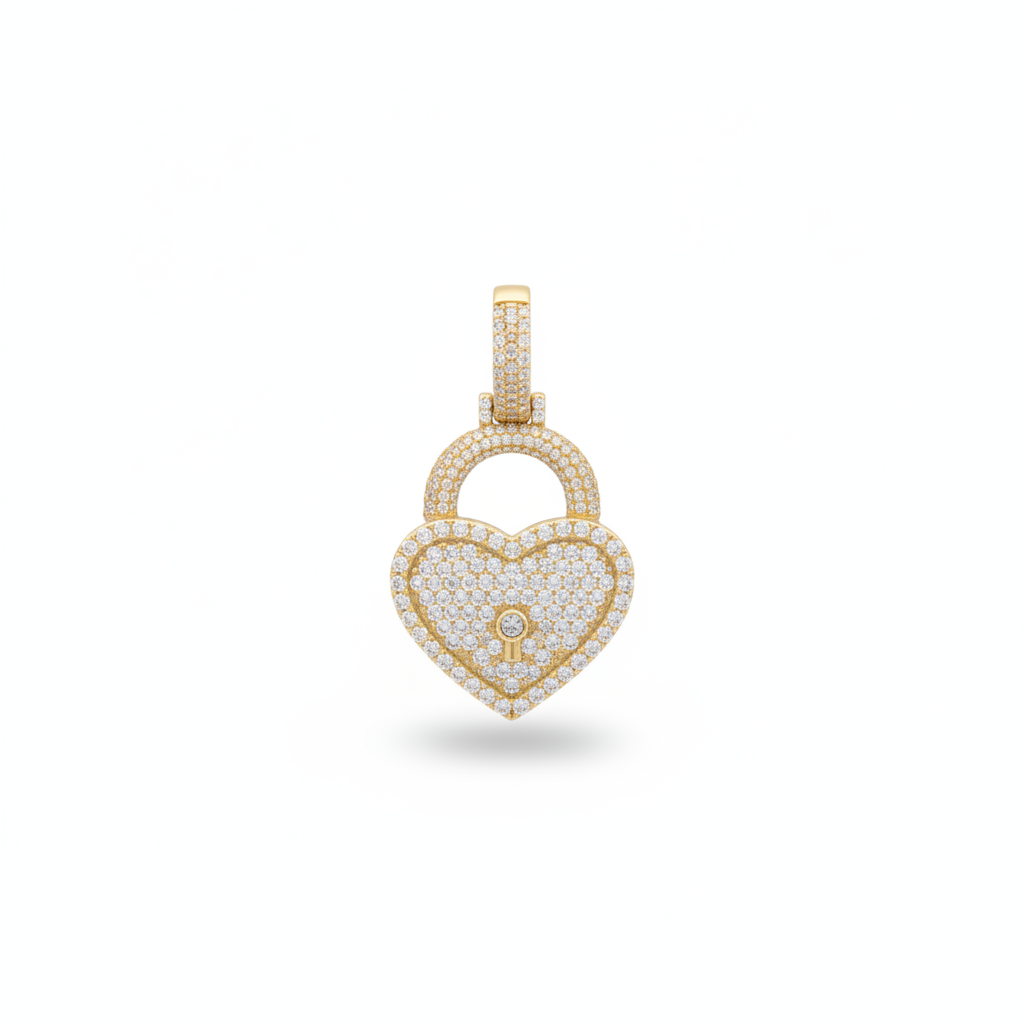 Small Diamond Heart Lock Pendant in 10K Yellow Gold