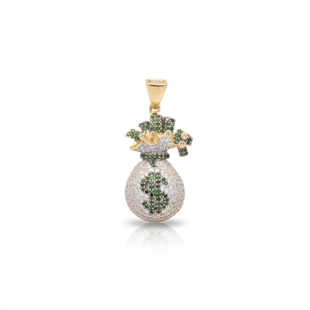 Diamond Green Money Bag Pendant in 10K Yellow Gold