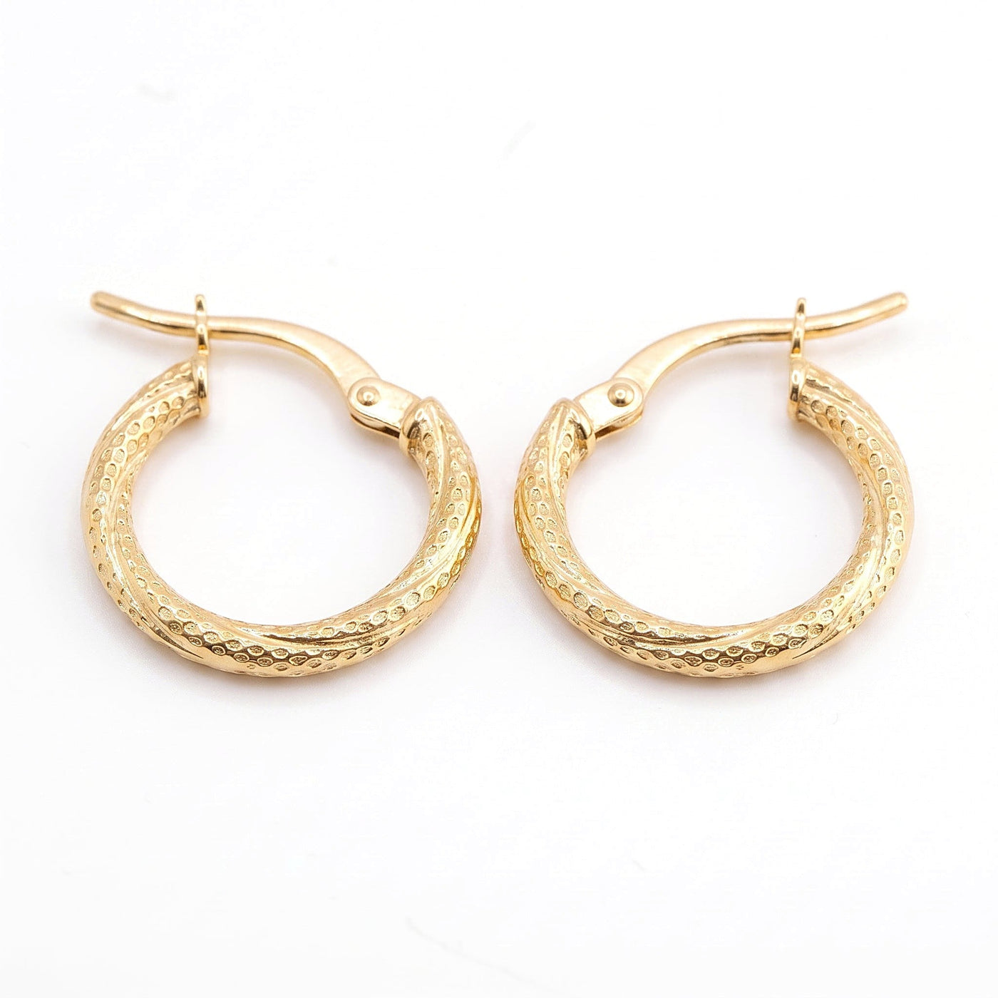 10K Solid Yellow Gold Hive — Textured Huggie Hoop Earrings 14mm