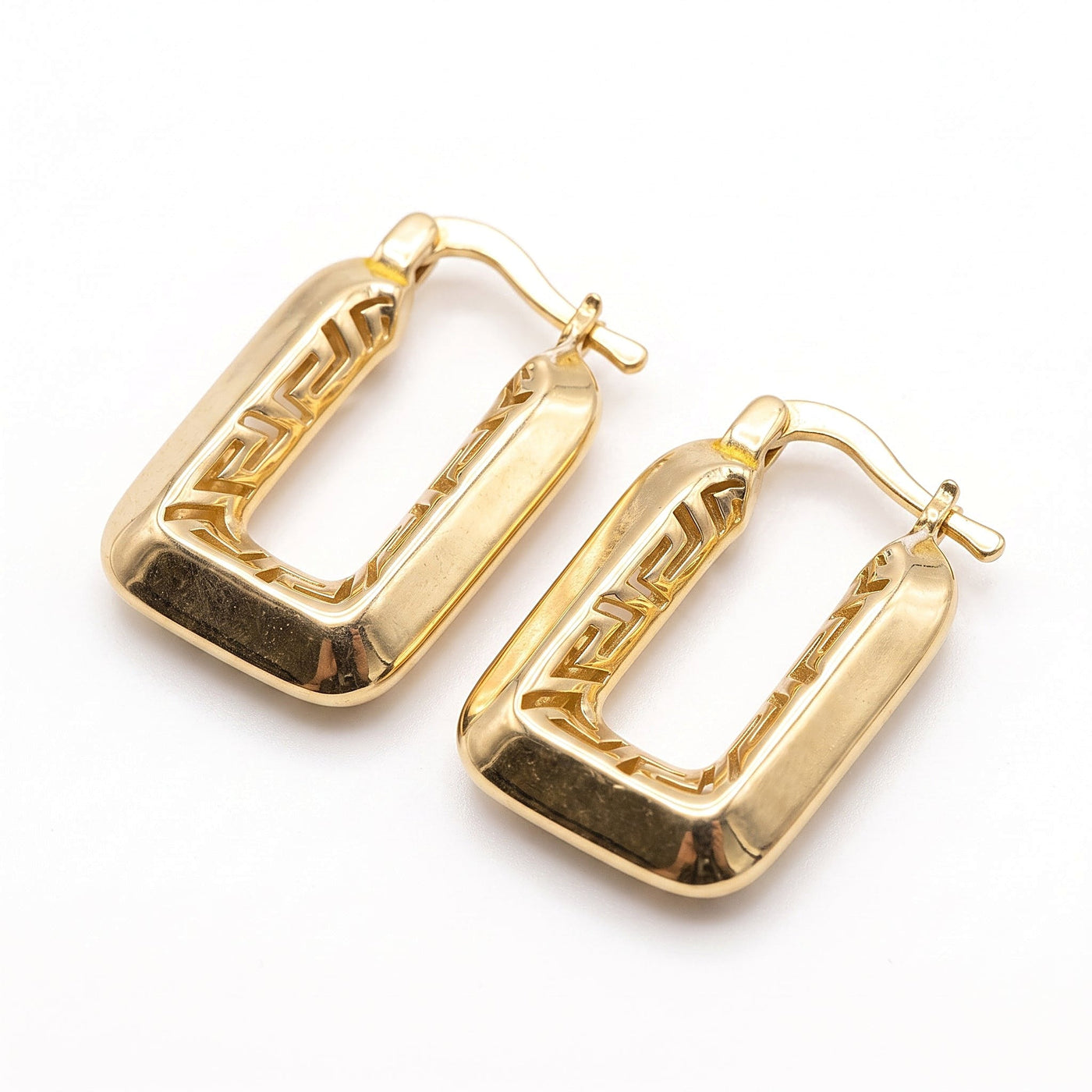 10K Solid Yellow Gold Athena — Greek Key Square Hoop Earrings