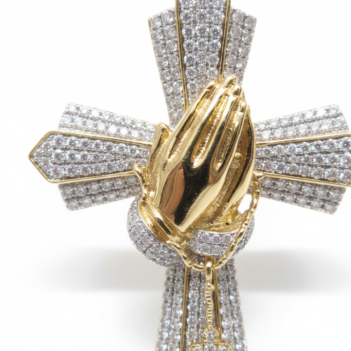 Diamond Praying Hands Cross Pendant in 10K Yellow Gold