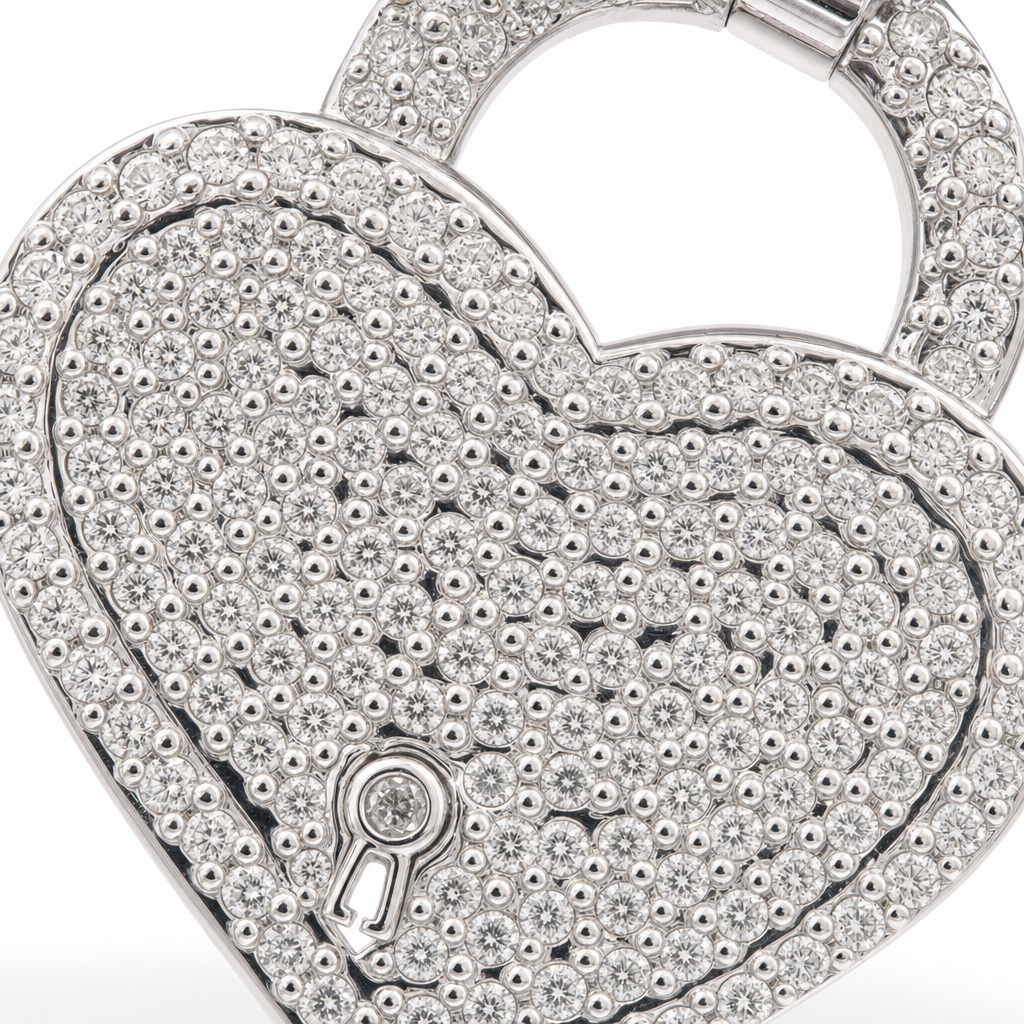 Large Diamond Heart Lock Pendant in 10K White Gold