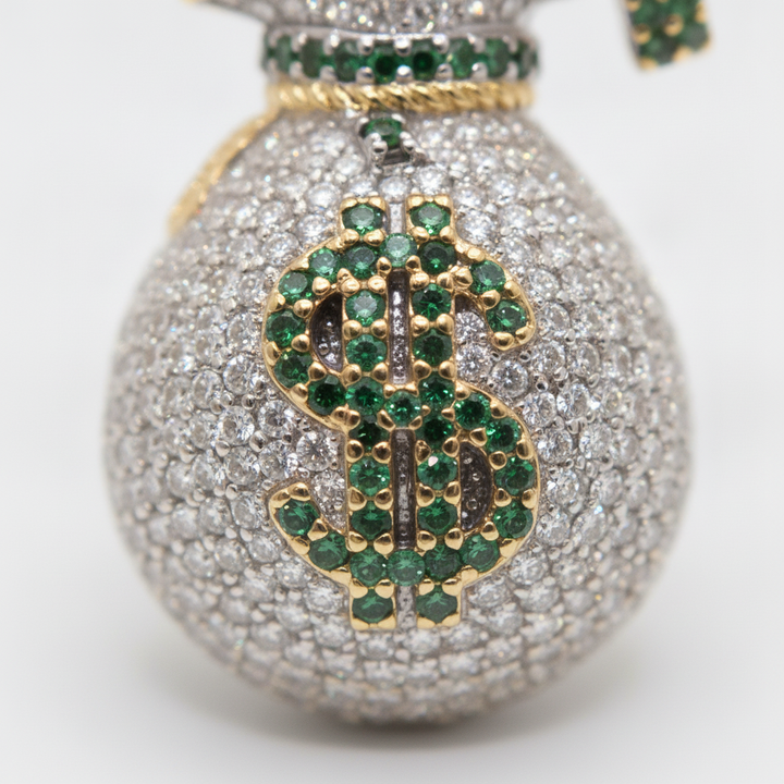 Diamond Green Money Bag Pendant in 10K Yellow Gold