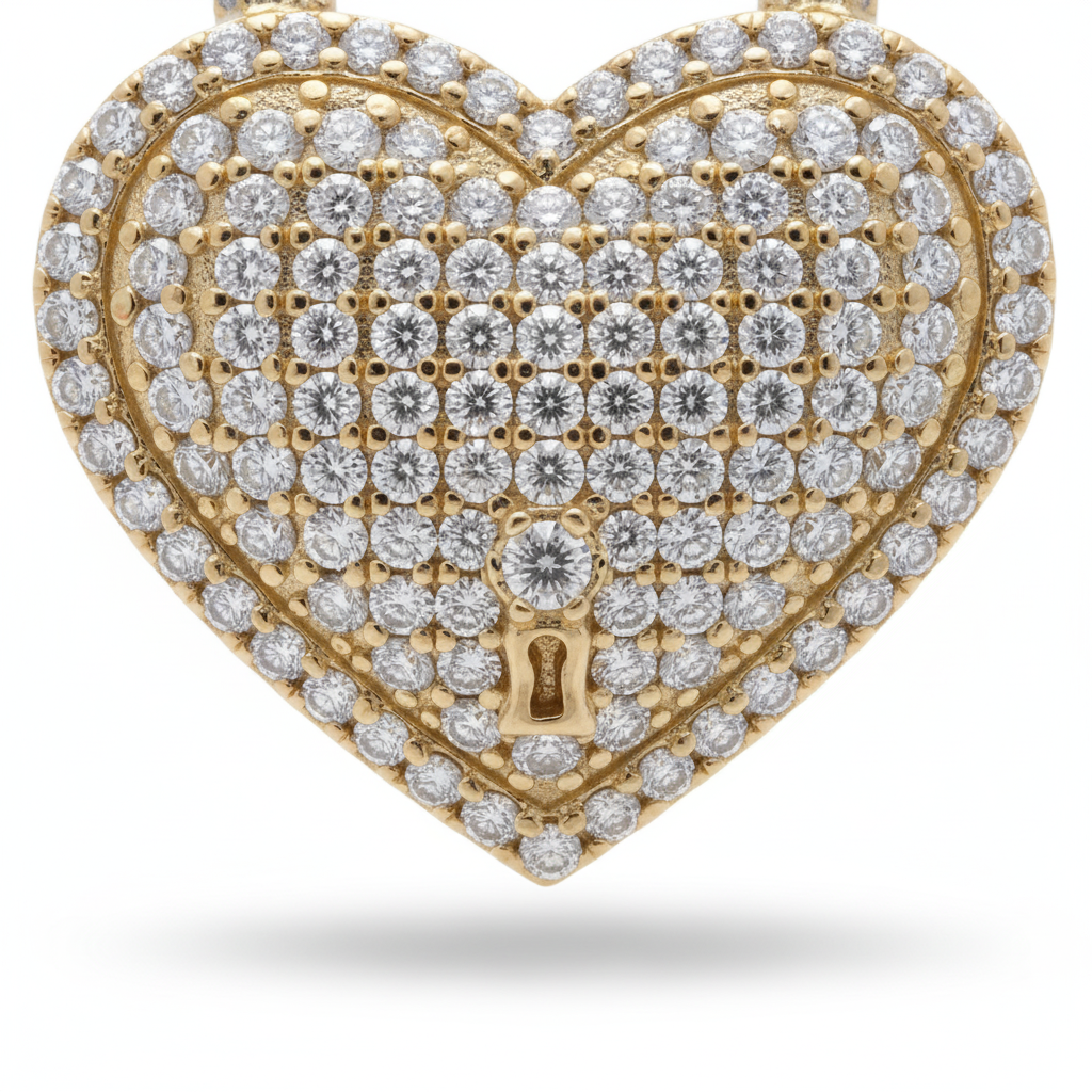 Large Diamond Heart Lock Pendant in 10K Yellow Gold