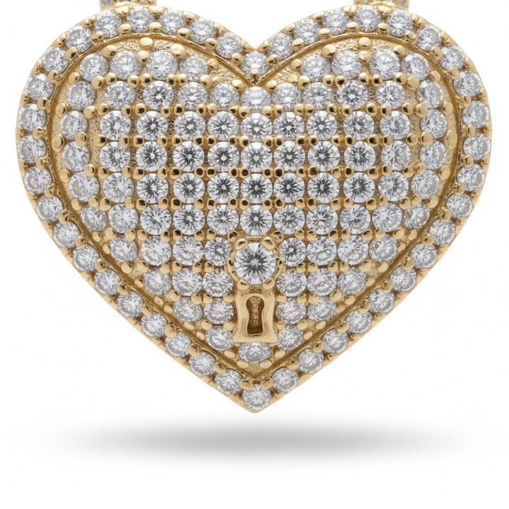 Large Diamond Heart Lock Pendant in 10K Yellow Gold