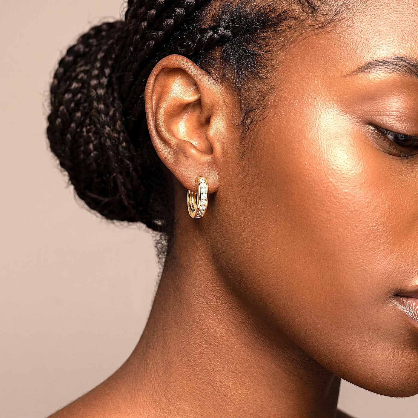 14K Solid Yellow Gold Halo — CZ Pavé Huggie Hoop Earrings