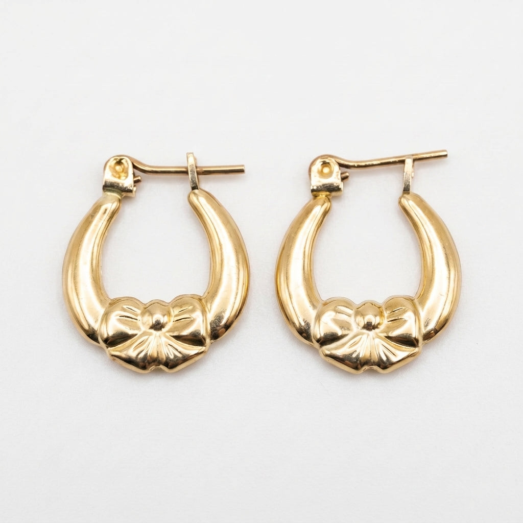10K Solid Yellow Gold Coquette — Bow Hoop Earrings 0.5"