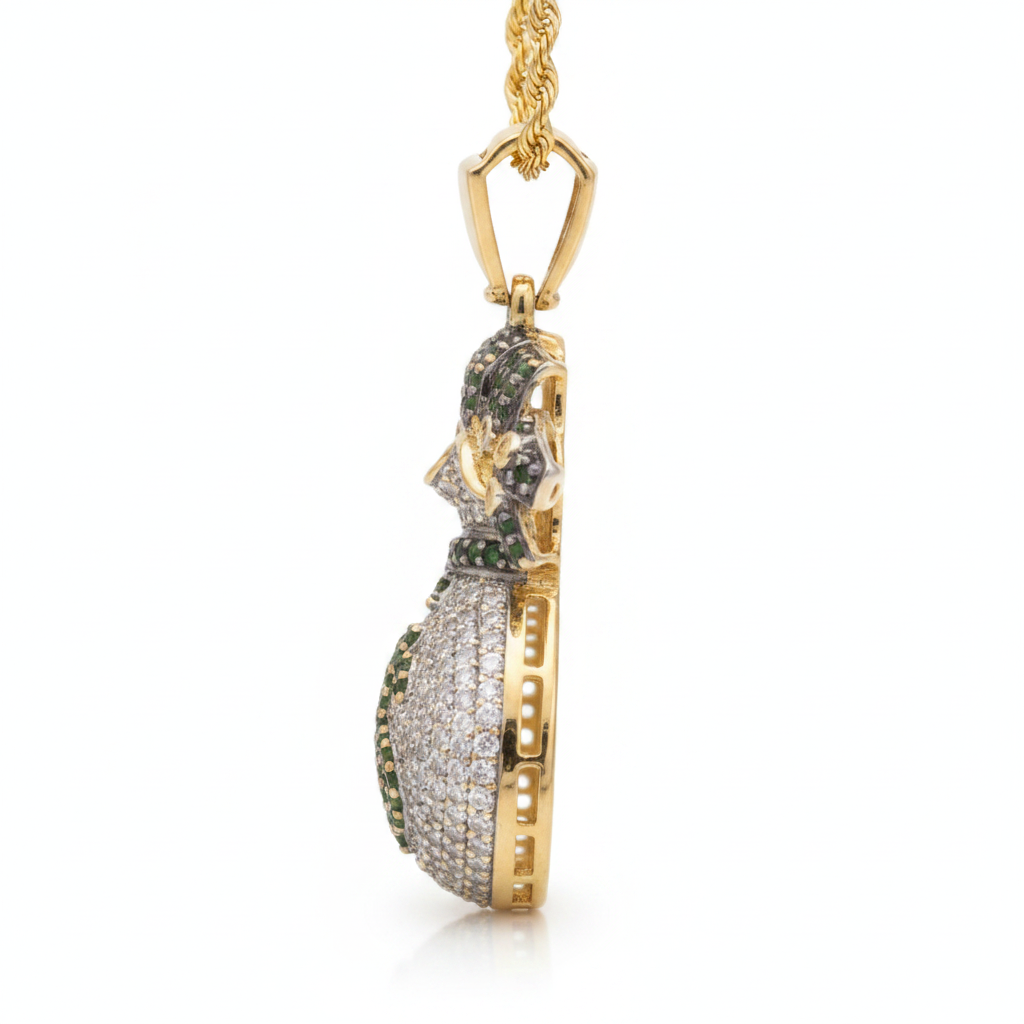 Diamond Green Money Bag Pendant in 10K Yellow Gold