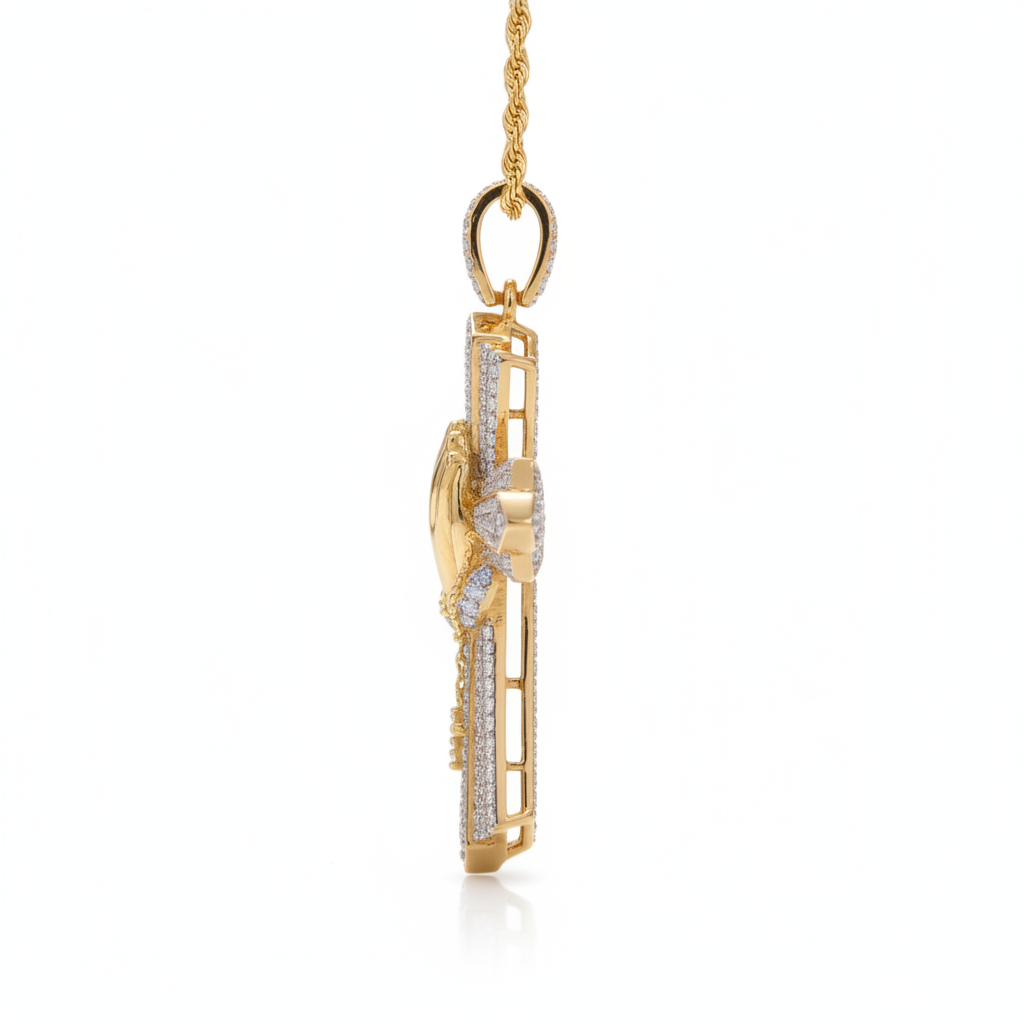 Diamond Praying Hands Cross Pendant in 10K Yellow Gold