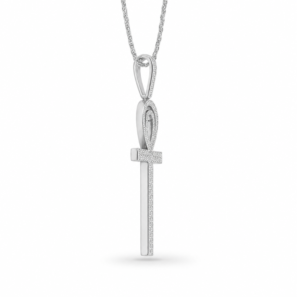 Diamond Ankh Cross Pendant in 10K White Gold