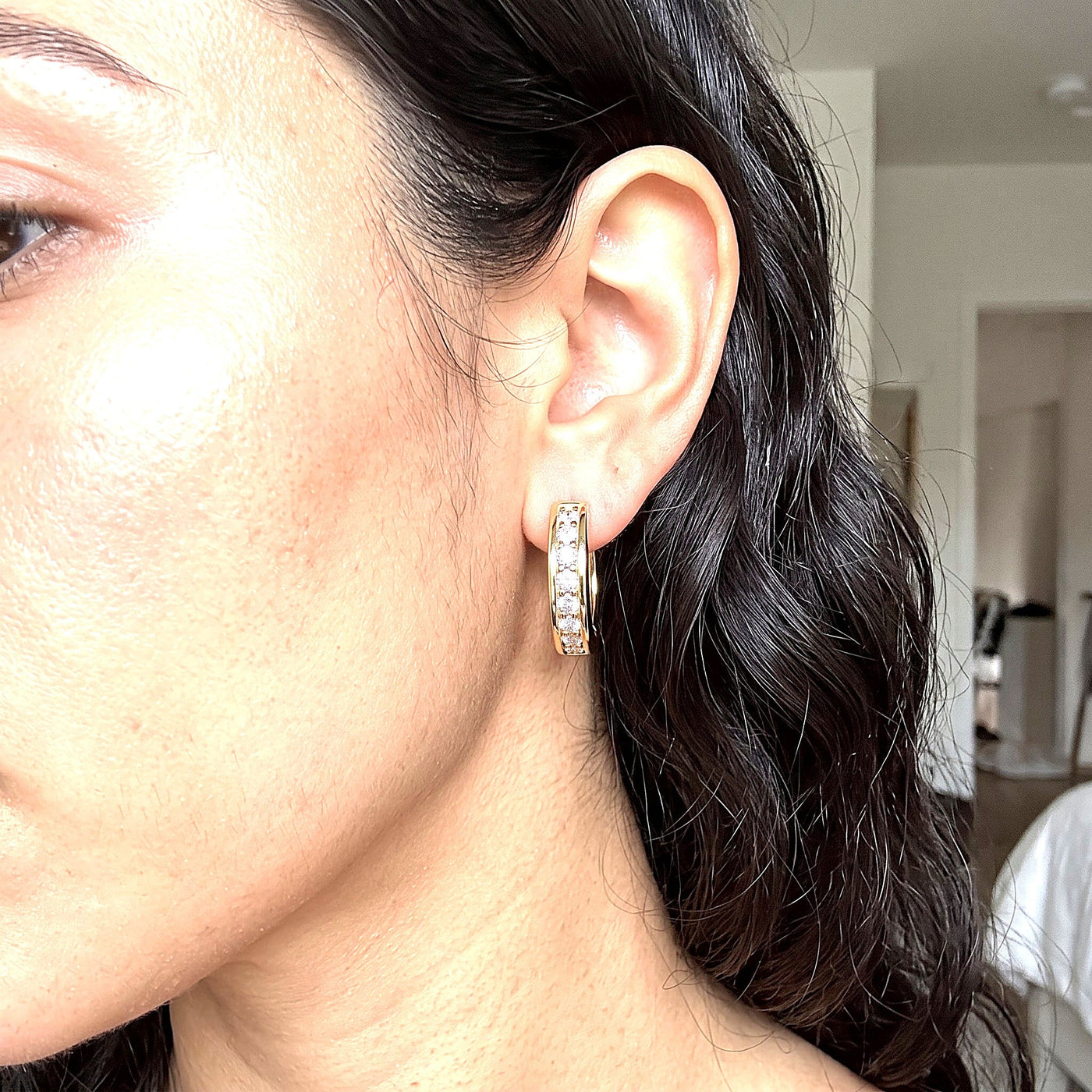 14K Solid Yellow Gold Halo — CZ Pavé Huggie Hoop Earrings
