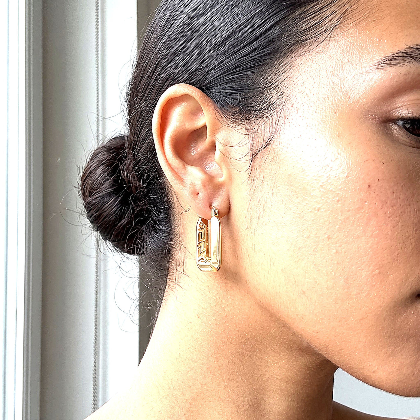 10K Solid Yellow Gold Athena — Greek Key Square Hoop Earrings