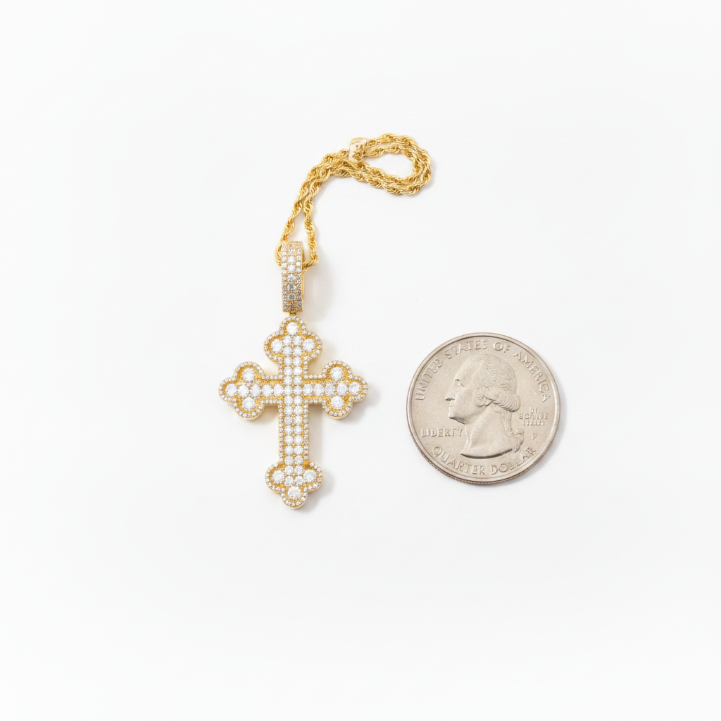Diamond Fleur Cross Pendant in 10K Yellow Gold