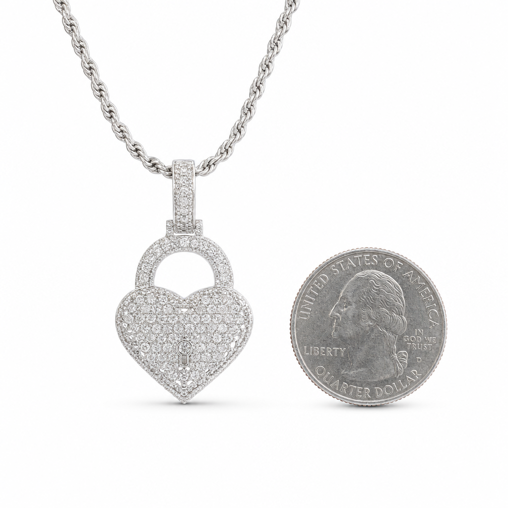 Small Diamond Heart Lock Pendant in 10K White Gold