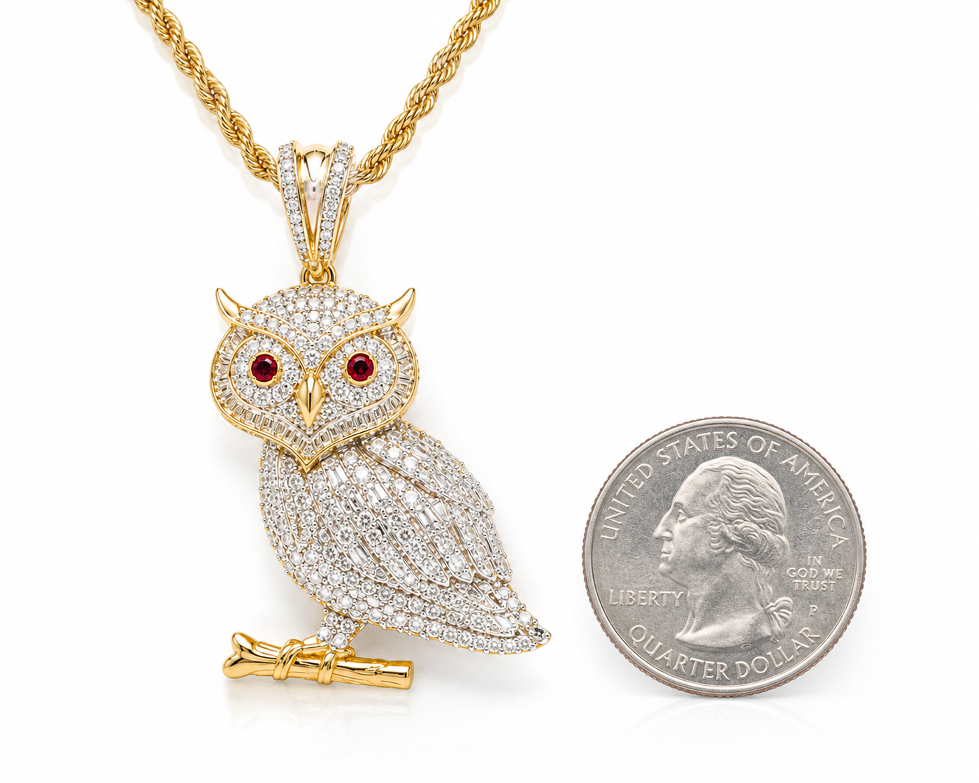 Diamond Owl on Branch Pendant in 10K Yellow Gold