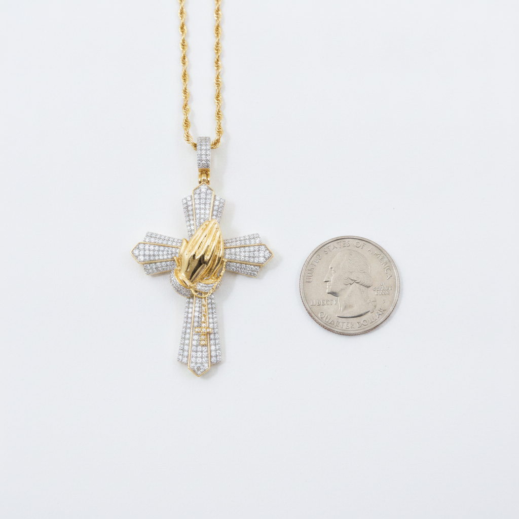 Diamond Praying Hands Cross Pendant in 10K Yellow Gold