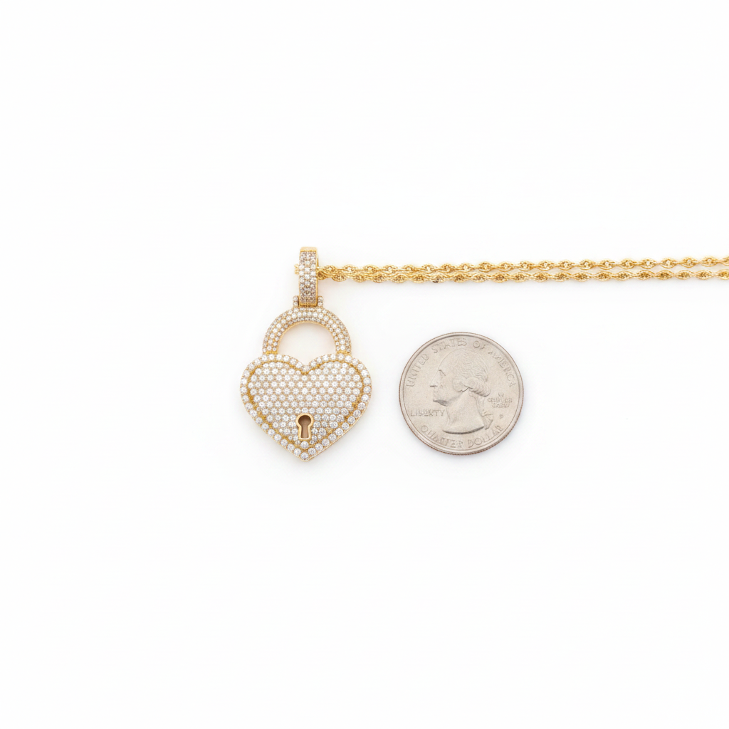 Large Diamond Heart Lock Pendant in 10K Yellow Gold